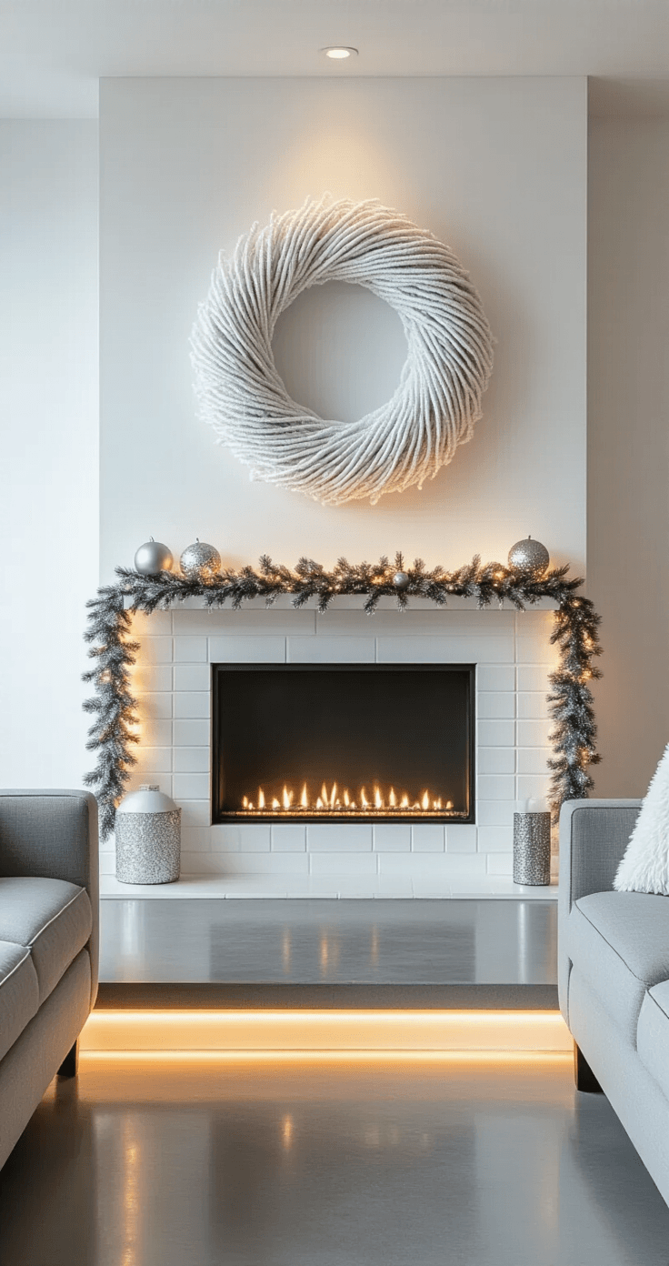 Wide-angle shot of a modern minimalist living room featuring a white and silver yarn wreath above a sleek fireplace, warm LED lighting, a gray sofa, white walls, and polished concrete floors.