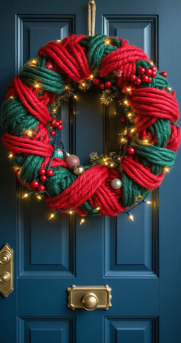 A vibrant Christmas yarn wreath in detailed macro view, featuring bulky red and forest green yarn layers, adorned with fairy lights, ornaments, and faux berries, hanging on a navy blue door with brass hardware, captured at an upward angle to showcase textures and shadows.
