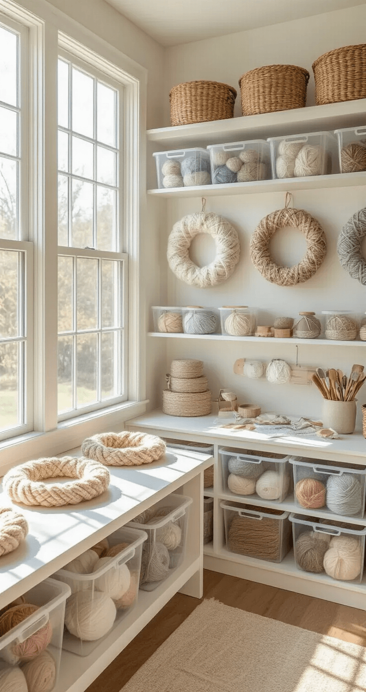 Atmospheric craft room featuring a neatly organized yarn wreath storage setup, with colorful yarn skeins, completed wreaths in clear bins, and crafting tools under natural morning light.