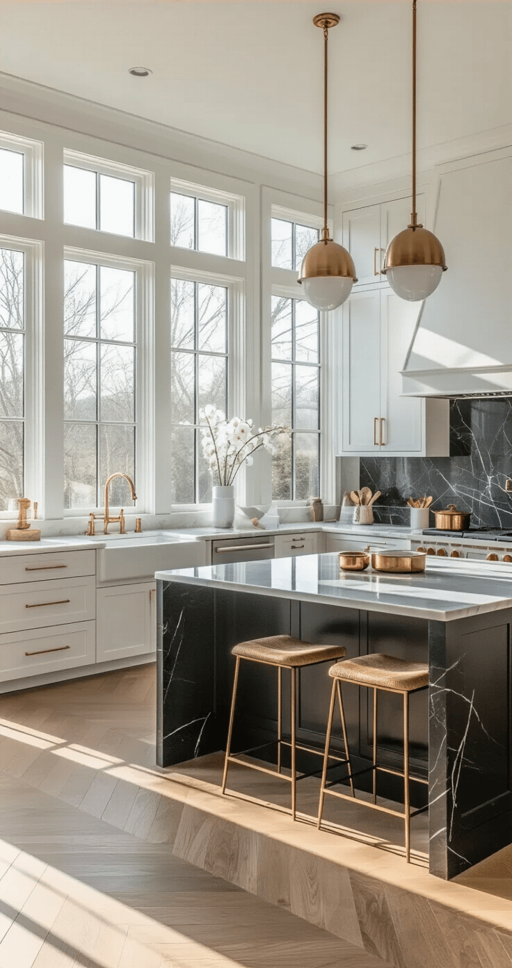Professional interior photography of a modern luxury kitchen with white flat-panel cabinets, a black marble island, and warm golden hour lighting, showcasing a U-shaped layout, brass hardware, and herringbone oak flooring.