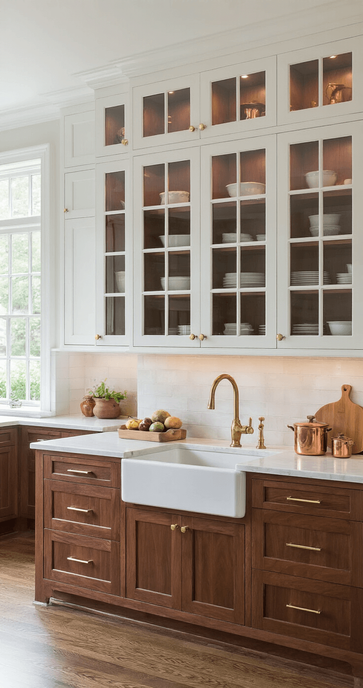 Elegant kitchen with walnut flat-panel cabinets and white upper cabinets featuring glass-front doors, illuminated by natural light and under-cabinet LEDs, showcasing granite countertops, a farmhouse sink, and vintage decor, with parquet flooring creating continuity.