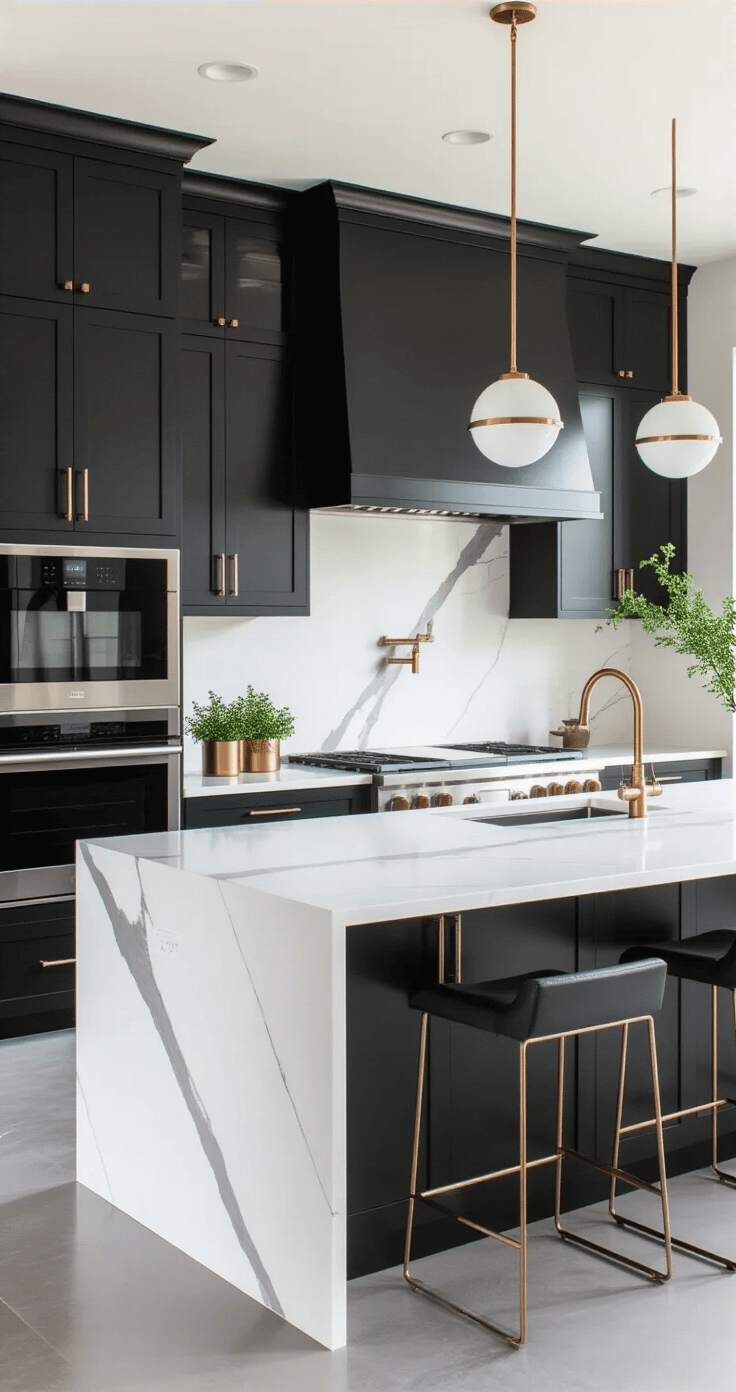 Sophisticated monochromatic contemporary kitchen featuring black flat-panel cabinets, a white marble waterfall island, brass pot filler, and geometric pendant lights, with polished concrete floors and minimal greenery for a luxurious aesthetic.