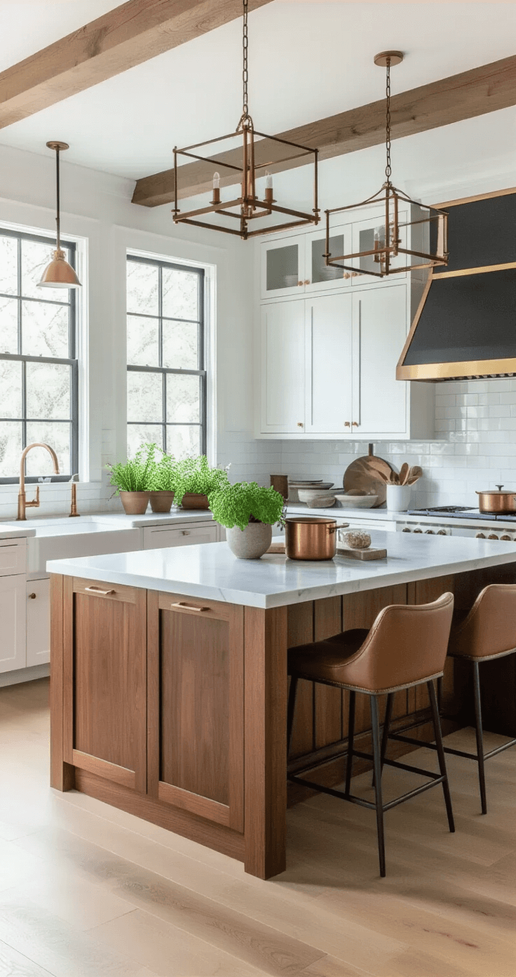 Luxury kitchen featuring mid-century modern design with teak wood lower cabinets, white upper cabinets, double islands with marble edges, and leather bar stools, illuminated by soft morning light through clerestory windows.