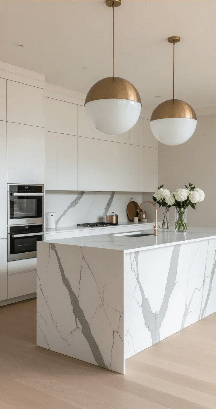 A minimalist luxury kitchen bathed in golden hour light, featuring seamless handleless cabinetry, a massive white marble island with gray veining, and oversized brass pendant lights, all set against pale oak flooring and a marble backsplash.