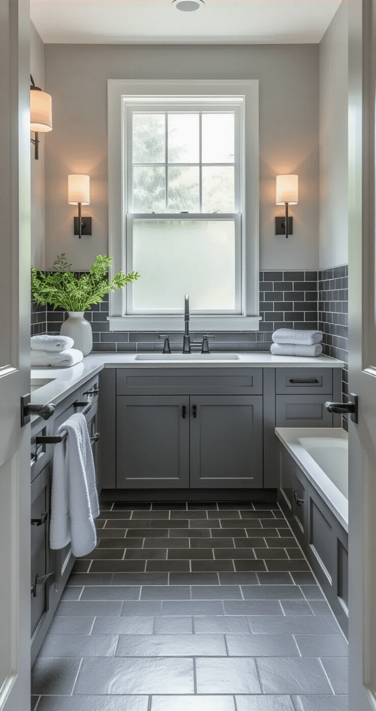 Interior view of a sophisticated monochromatic grey bathroom featuring layered grey tones, with a charcoal floating vanity, white quartz countertop, large porcelain floor tiles, and a frosted window allowing natural light.