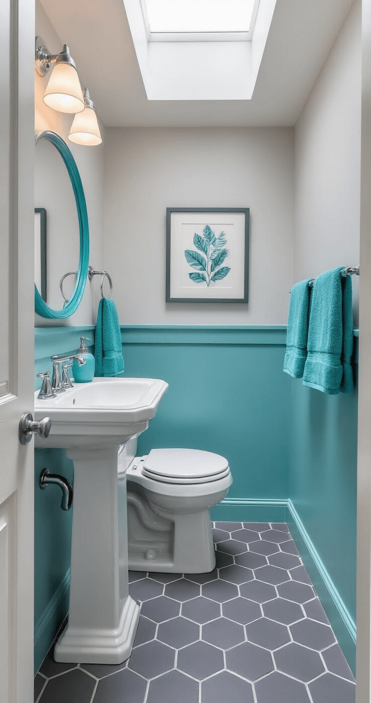 Interior view of a compact grey and turquoise bathroom featuring hexagonal floor tiles, white fixtures, deep turquoise towels, and a large round mirror reflecting natural light from a skylight.
