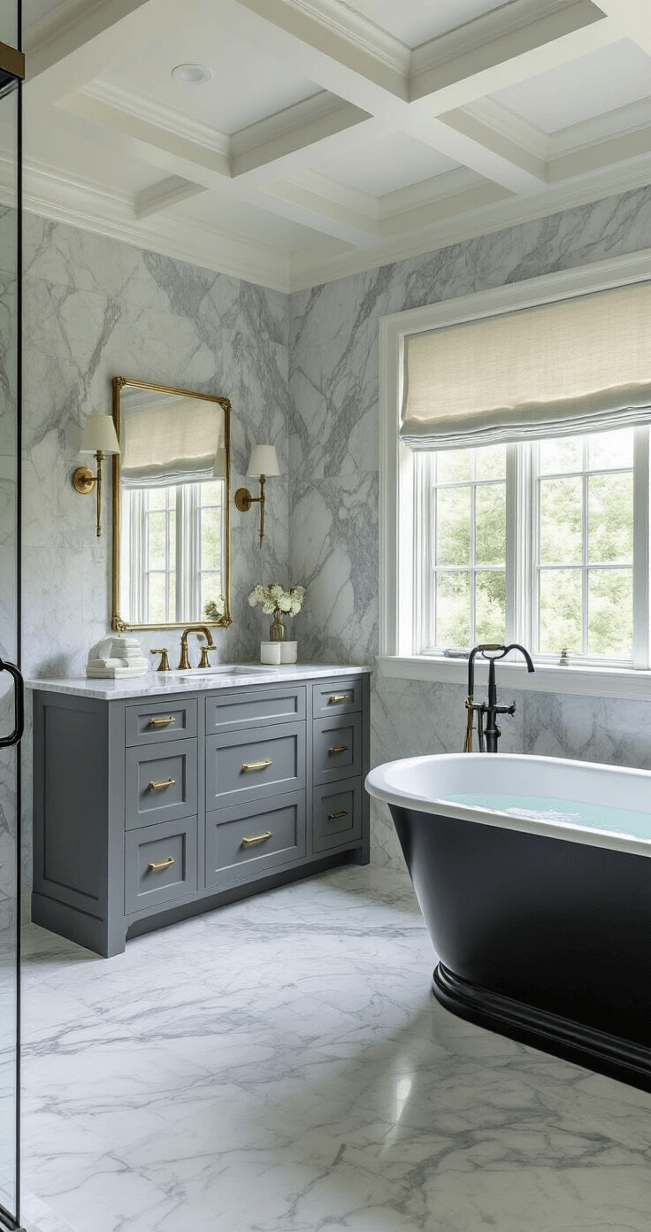 Luxurious grey marble bathroom featuring coffered ceilings, Carrara marble tiles, charcoal grey double vanity with brushed brass hardware, matte black freestanding tub faucet, aged brass accents, and soft grey linen shades, epitomizing timeless sophistication and hotel-like luxury.