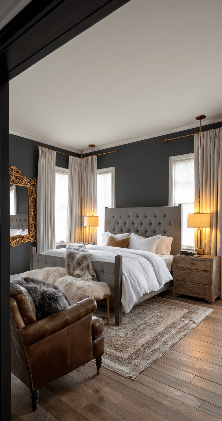 Photorealistic wide-angle view of a luxurious dark bedroom with charcoal gray accent walls, featuring a reclaimed wood four-poster bed, crisp white bedding, and warm golden hour lighting streaming through sheer curtains, complemented by layered lighting elements and rich textures.