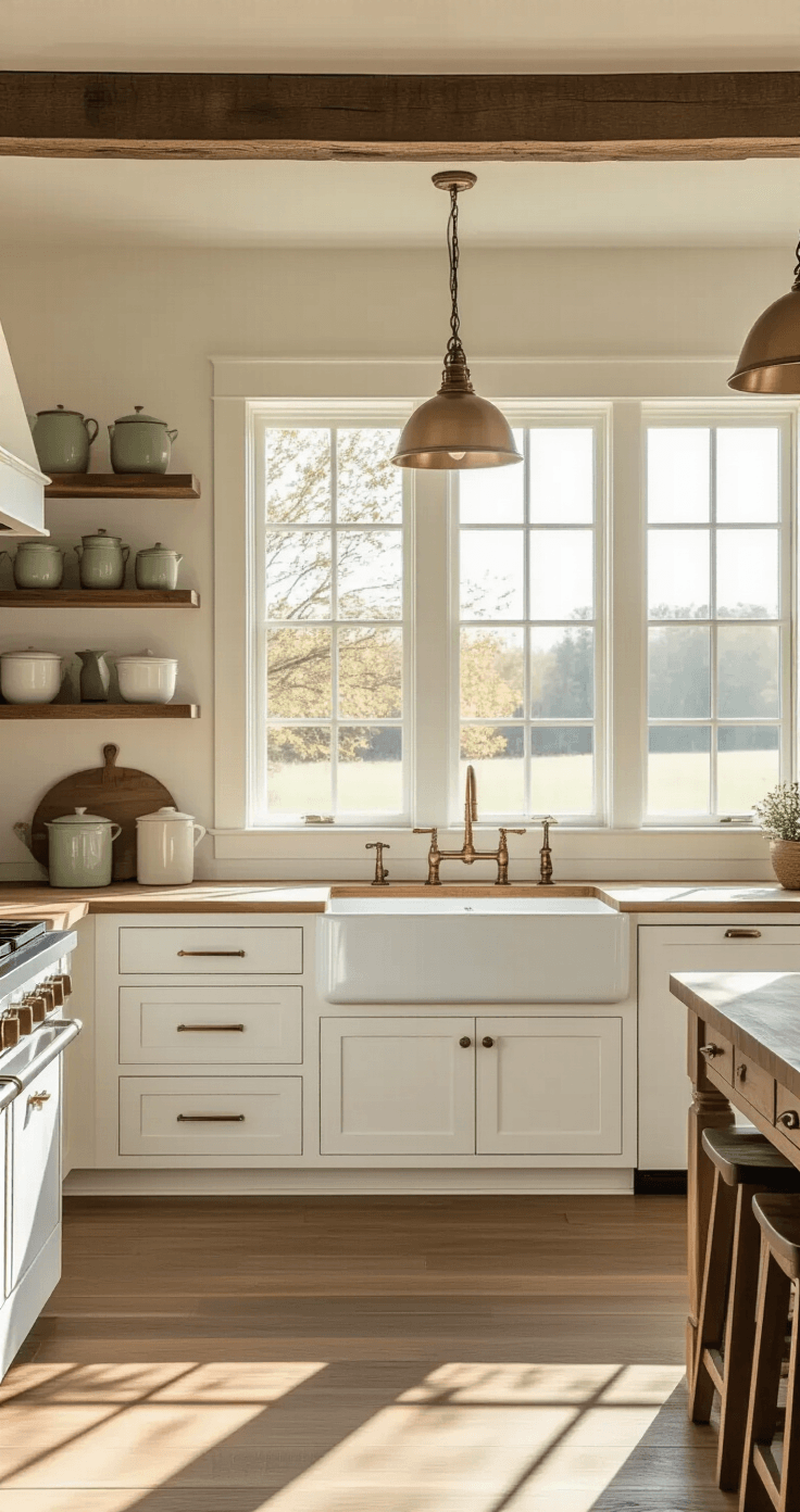 Photorealistic interior of a spacious white farmhouse kitchen with wooden beams, large windows, a farmhouse sink, butcher block countertops, and cozy decor, illuminated by golden hour light.