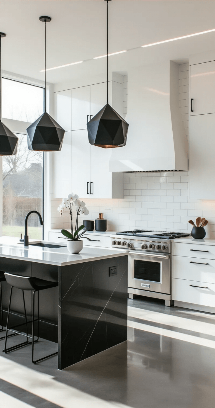 High-contrast modern kitchen featuring white flat-panel cabinets, matte black granite countertops, oversized black pendant lights, and polished concrete floors, illuminated by bright morning light.