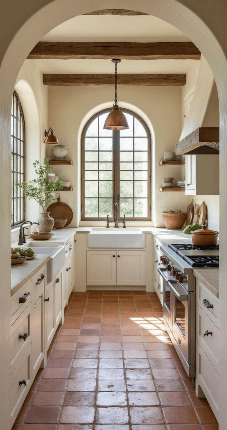 A Mediterranean-inspired white kitchen featuring thick stucco walls, arched doorway, and soft afternoon light filtering through wrought iron window grilles, illuminating terra cotta tile flooring. The space includes white painted cabinets, creamy limestone countertops, hand-painted ceramic tile backsplash, and rustic copper pendant lights hanging from wooden beams, styled with olive oil bottles, woven baskets of produce, and terra cotta pots of herbs, evoking a warm Tuscan countryside atmosphere.