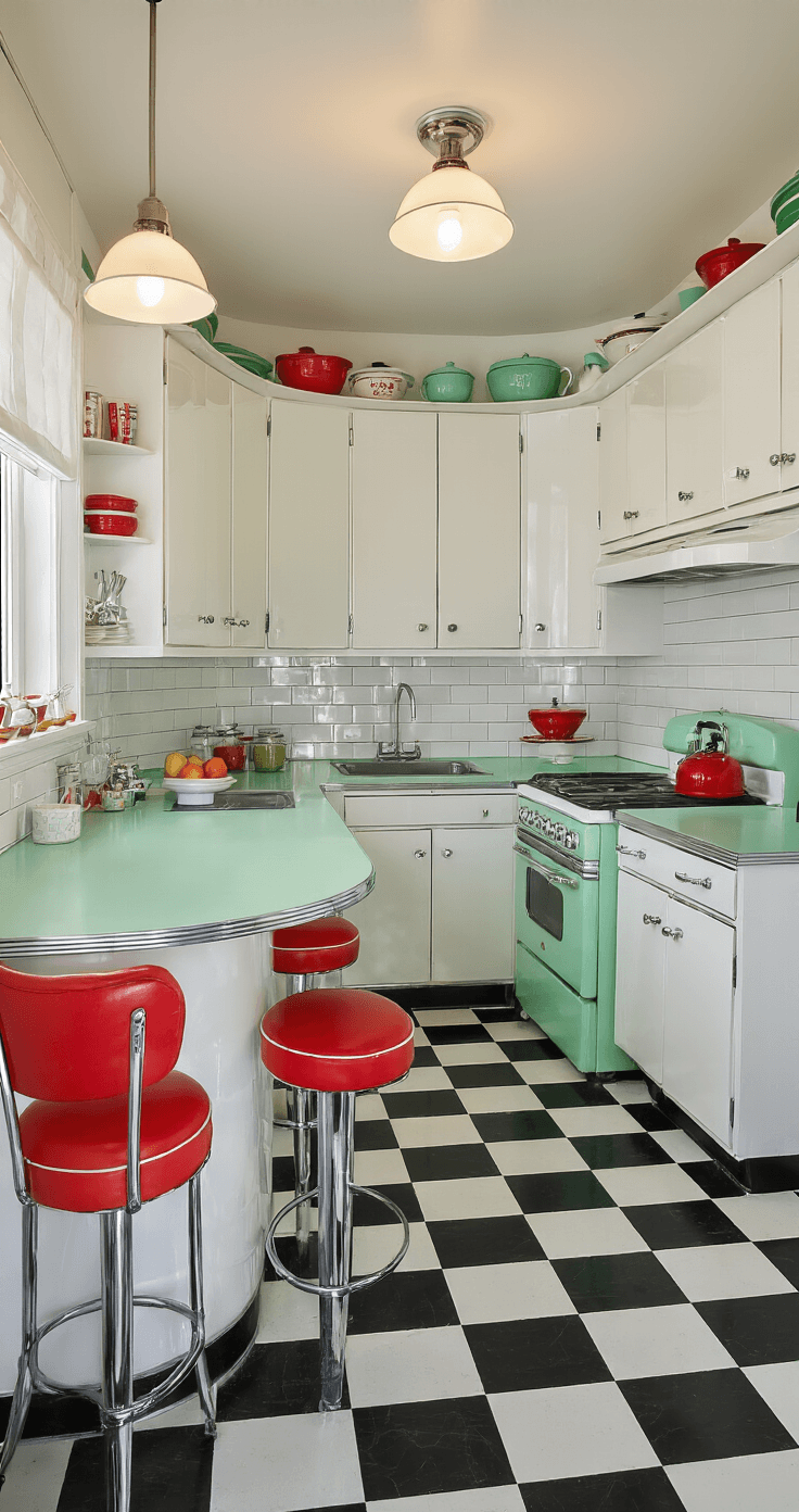 1950s-inspired retro kitchen with mint green Formica countertops, white subway tiles, black and white checkered flooring, and chrome details, featuring a breakfast bar with red vinyl stools and vintage appliances.