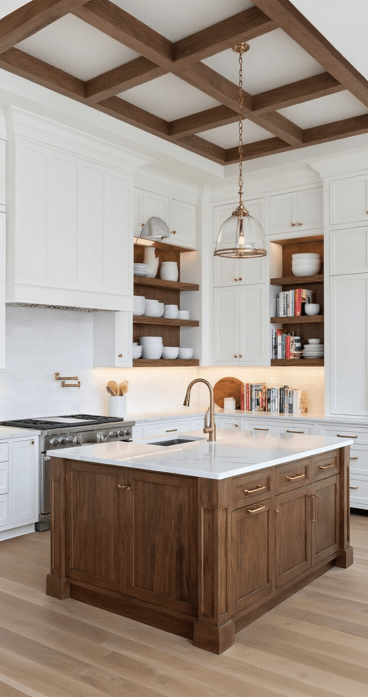 Transitional white kitchen with mixed materials and finishes, featuring a coffered ceiling, large center island with butcher block top, white raised-panel cabinets, walnut-stained open shelving, and warm under-cabinet LED lighting, as viewed from the entrance.