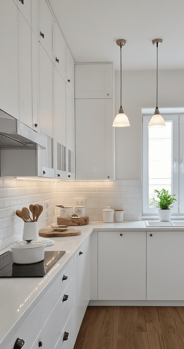 Compact white kitchen designed to maximize a dark space, featuring a north-facing window, layered lighting, ceiling-high flat-panel cabinets, light gray quartz countertops, and warm walnut laminate flooring, all captured from an opposite corner angle to showcase the efficient layout and bright atmosphere.