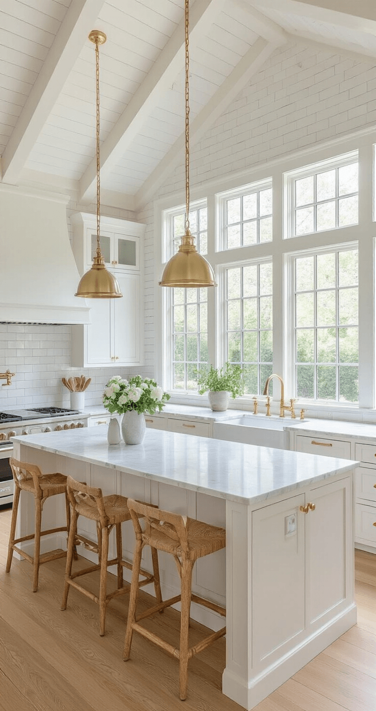 Sophisticated white kitchen with vaulted ceiling, featuring Benjamin Moore Simply White cabinets, Carrara marble countertops, and unlacquered brass hardware, illuminated by golden afternoon light from large windows. The island includes seating for four, surrounded by vintage-inspired accessories and warm oak flooring.