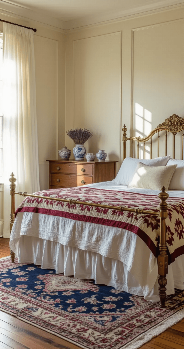 Wide-angle interior shot of a vintage bedroom featuring an ornate brass bed frame, cream-colored walls, a rich burgundy quilt, antique wooden dresser, and hardwood floors, all illuminated by warm afternoon sunlight.