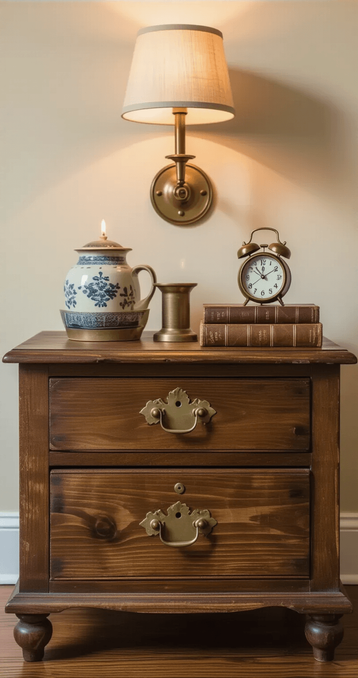 Close-up shot of a vintage wooden nightstand with brass hardware, featuring a ceramic charging station, antique brass candleholders with flickering candles, a stack of leather-bound books, and a modern alarm clock, all illuminated by warm light from a brass wall sconce.