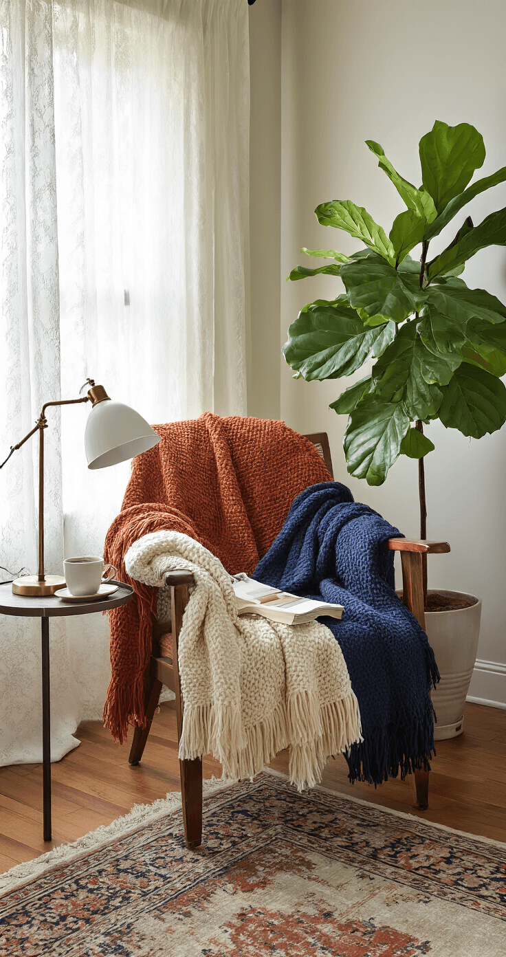 Cozy vintage reading nook featuring a restored wooden chair with textured throw blankets, an antique side table with a steaming coffee cup and brass lamp, a large fiddle leaf fig, and trailing pothos, all illuminated by warm morning sunlight filtering through lace curtains.