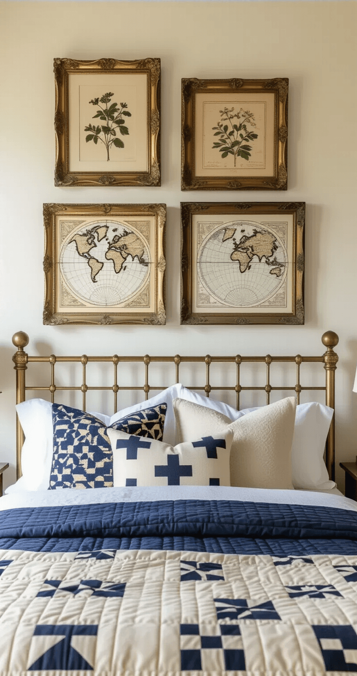 Gallery wall with four mismatched vintage frames holding botanical prints and maps, above a brass bed headboard, featuring ornate gold, dark wood, and weathered white finishes, against cream walls bathed in soft morning light, while layered vintage quilts in geometric patterns complement solid navy and white bedding below.