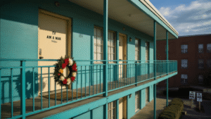 "Preserved Lorraine Motel with Room 306 marked by wreath where Dr. King was assassinated, 'I Am A Man' signs in the foreground, shadows cast over vintage 1960s motel architecture"