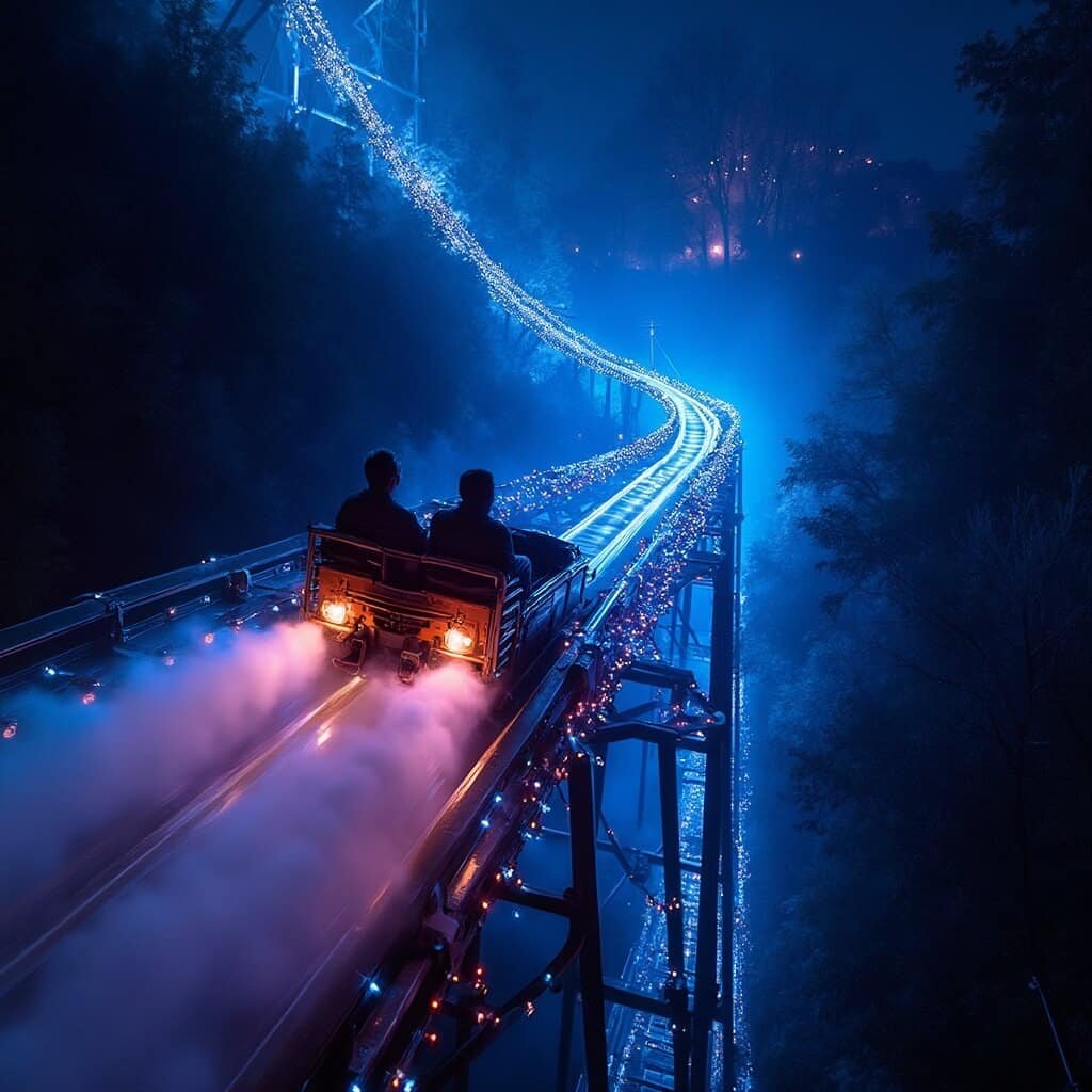Alpine coaster descending at night through Smoky Mountains, lit by multi-colored LED lights