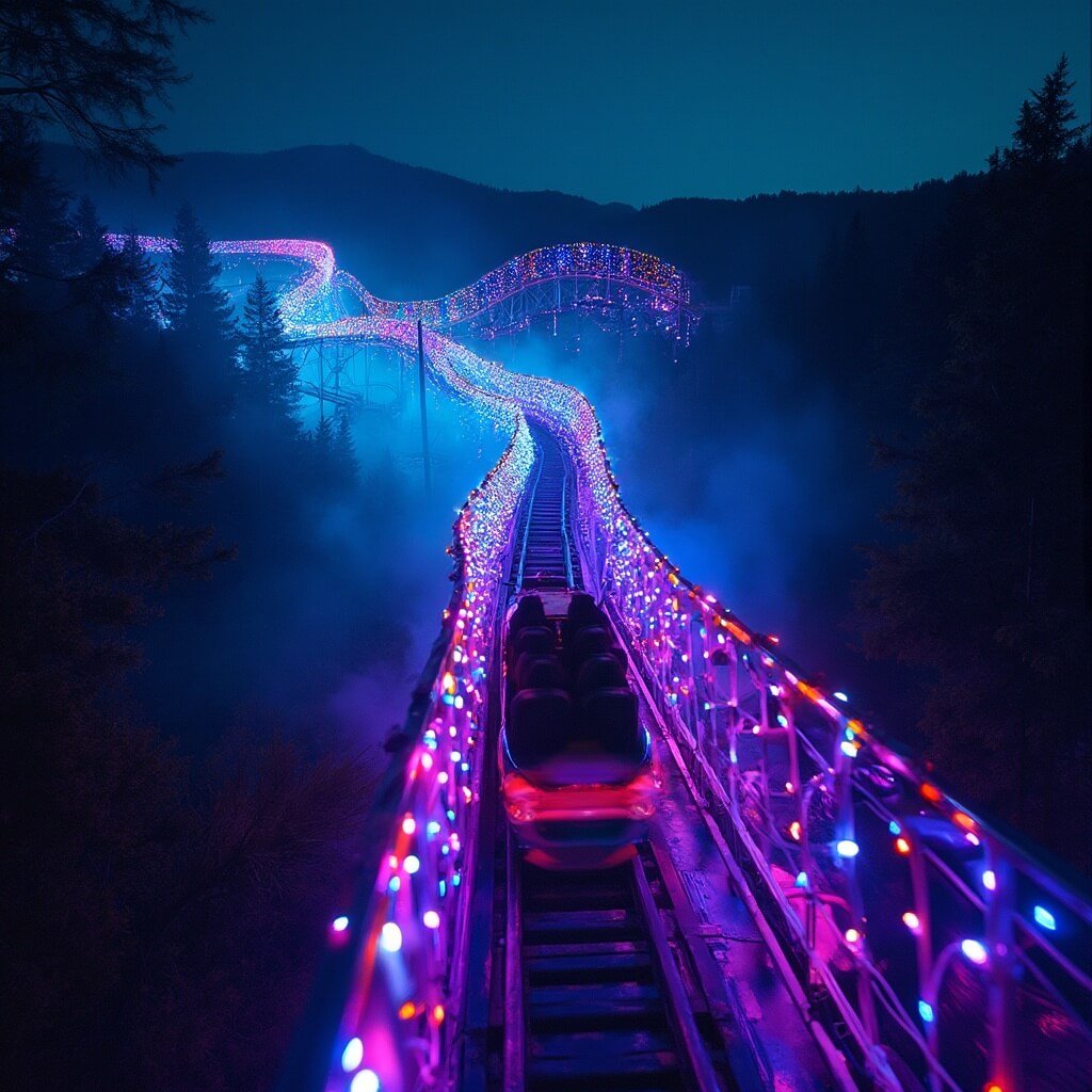 Illuminated alpine coaster speeding down a switchback turn amidst multi-colored LED lights at night in the Smoky Mountains.