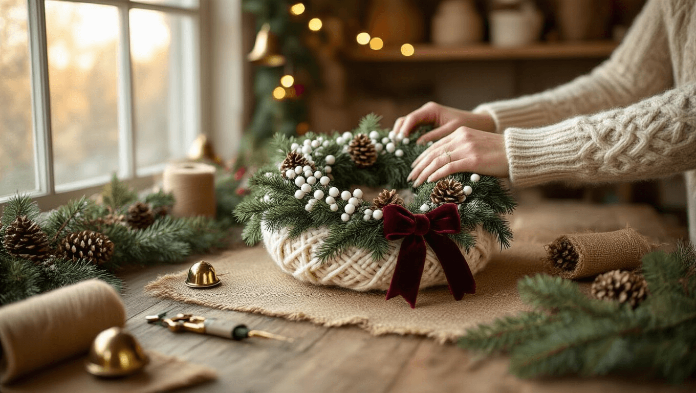Close-up of hands crafting a Christmas wreath with cream yarn, white berries, pinecones, and burgundy velvet ribbon on a rustic table, illuminated by warm golden hour light, surrounded by craft supplies and a cozy atmosphere.
