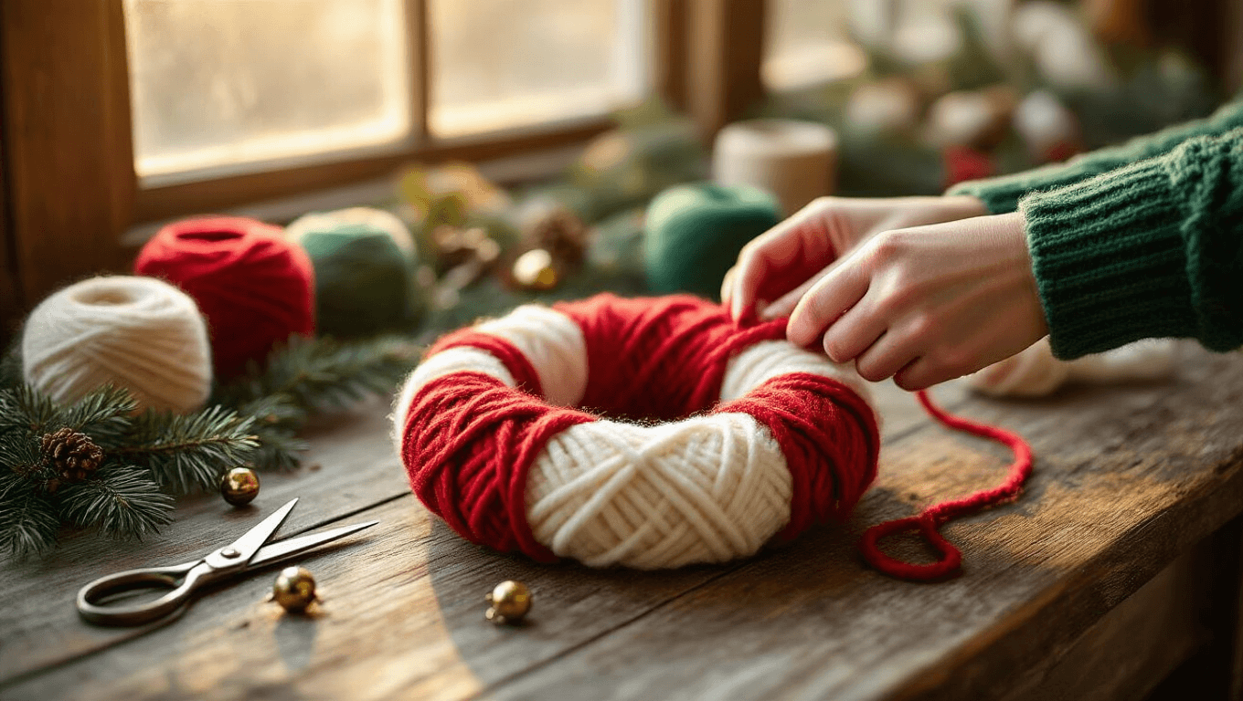Close-up shot of hands wrapping red yarn around a white foam wreath form on a rustic wooden table, with warm golden light, scattered green and cream yarn skeins, vintage scissors, jingle bells, and pine sprigs in the soft-focus background, creating a cozy winter craft atmosphere.