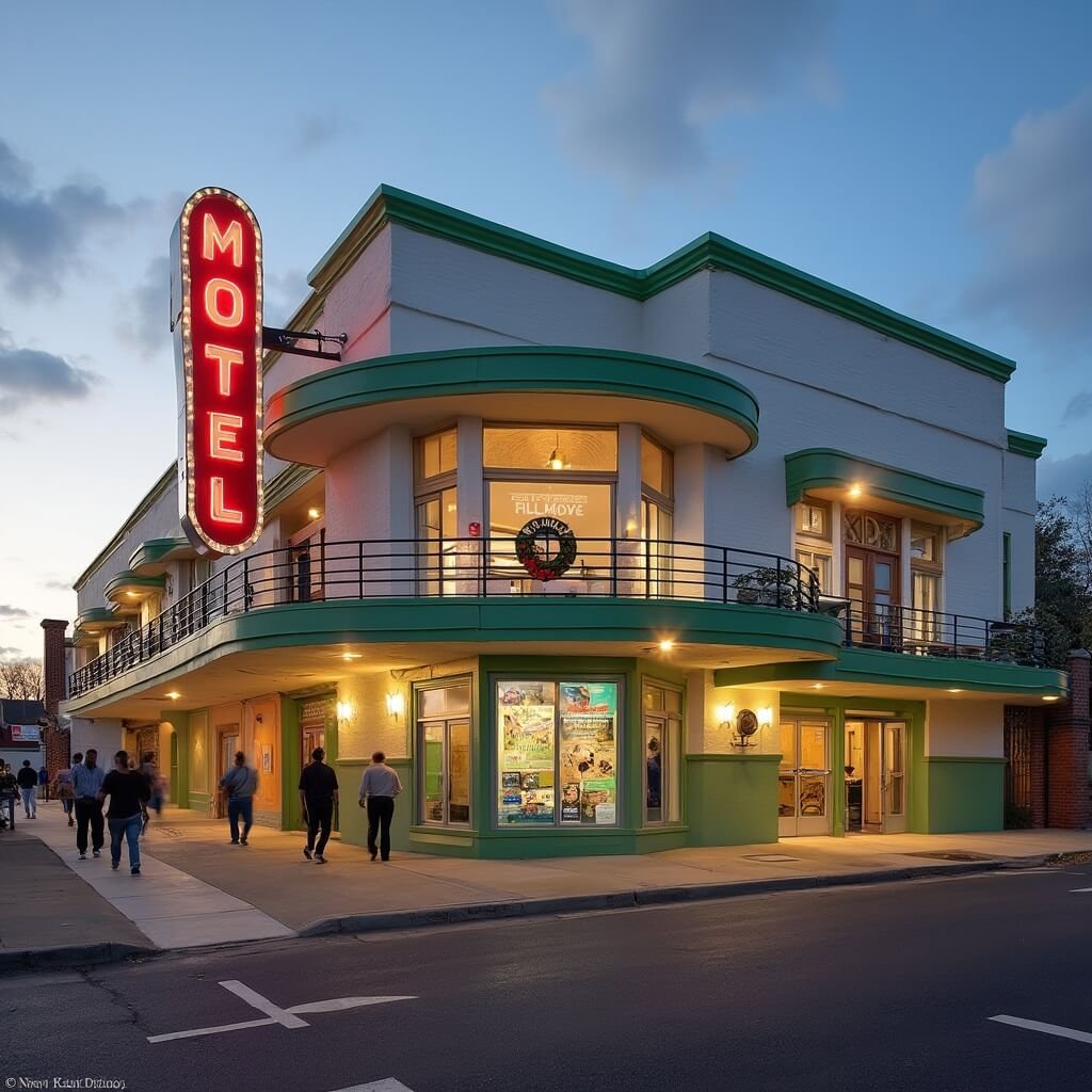 Exterior view of the National Civil Rights Museum and preserved Lorraine Motel during golden hour, featuring the commemorative balcony with memorial wreath, vintage signage, and visitors approaching the entrance in Memphis's South Main District.