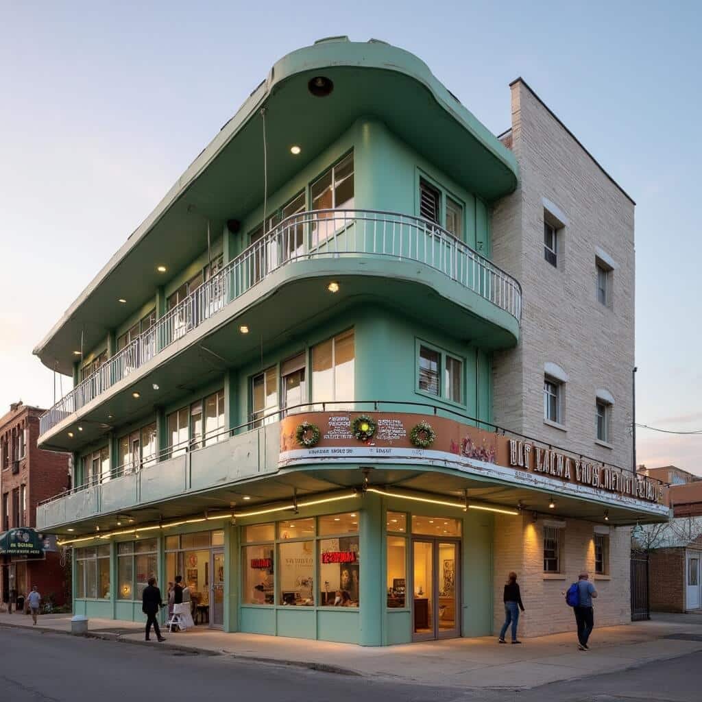 Visitors approach the National Civil Rights Museum at golden hour, showcased in a wide-angle image highlighting the mid-century design of the preserved Lorraine Motel with its distinctive green trim, memorial wreath on the assassination balcony, vintage signage, and modern museum elements in Memphis's South Main District.