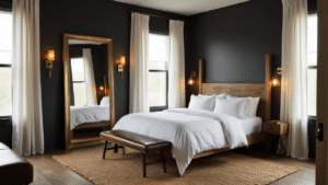 Cinematic wide-angle shot of a dark bedroom with charcoal walls, white bedding on a four-poster bed, warm golden hour light, layered lighting, a decorative mirror, rich textures, and inviting atmosphere.