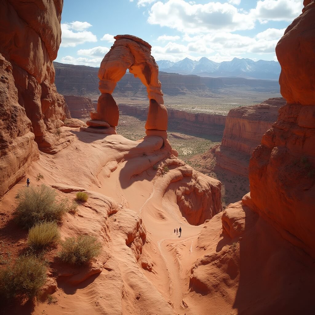 Dramatic view of the treacherous Delicate Arch trail along steep cliffs in Arches National Park, Utah, with distant La Sal Mountains