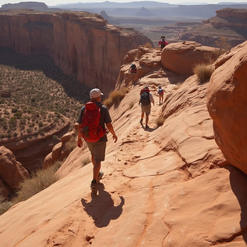 Hikers ascending steep slickrock under intense summer sun