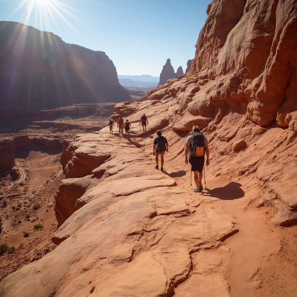 Hikers ascending steep sandstone surfaces under the summer sun during the middle segment of Delicate Arch trail marked with painted rock arrows and stone cairns, Arches National Park.