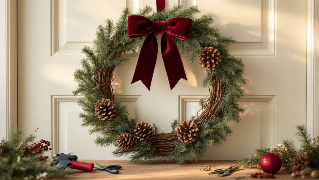 Elegant front door with a rustic grapevine wreath adorned with artificial evergreens, frosted pinecones, and a burgundy ribbon, illuminated by warm golden hour light, while crafting materials are scattered on a wooden table in a cozy holiday setting.