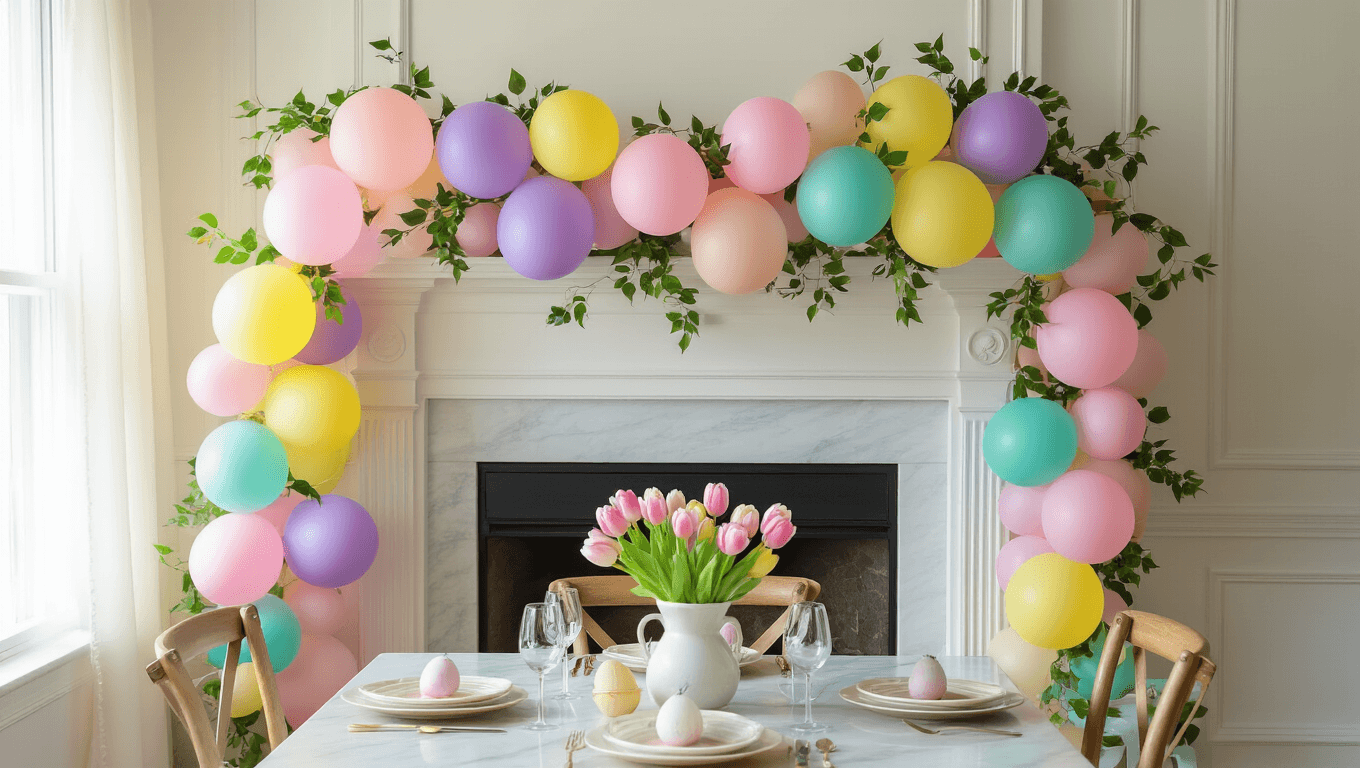 Cinematic wide-angle shot of a pastel Easter balloon garland on a white fireplace mantel in a bright dining room, featuring a farmhouse table set for brunch with tulip centerpieces, warm light filtering through sheer curtains, and cozy decor elements.