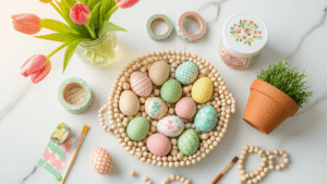 Cinematic overhead shot of elegant DIY Easter decorations featuring washi tape eggs, rustic salt dough eggs, and wooden bead holders on a white marble surface, illuminated by warm golden hour light, with scattered crafting materials and soft shadows creating a cozy atmosphere.