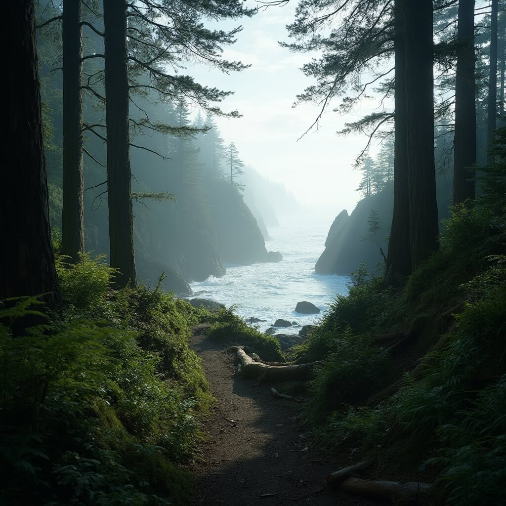 Misty coastal forest trail in Ecola State Park transitioning from lush spruce rainforest to dramatic Pacific Ocean view, with moss-covered logs and ferns framing the path and ocean spray visible through the trees.