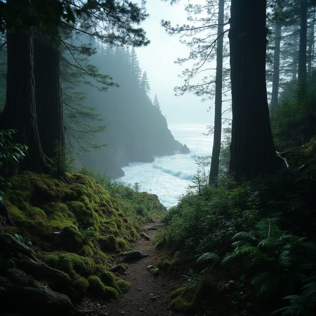 Misty coastal forest trail transitioning from lush Sitka spruce rainforest to Pacific Ocean views in Ecola State Park, Oregon