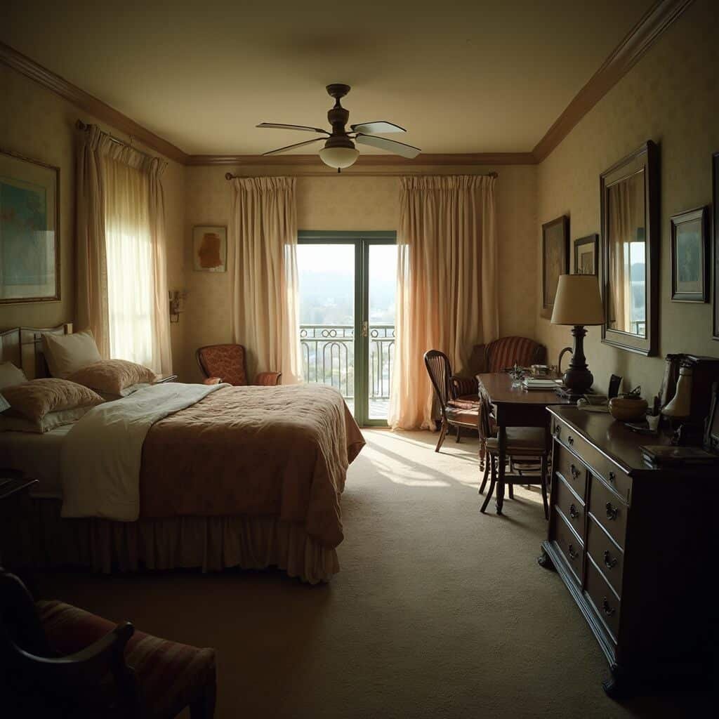 Museum photograph of Dr. Martin Luther King Jr.'s preserved Room 306 at the National Civil Rights Museum, with 1960s authentic furnishings, bedding, personal belongings, and view of the balcony door, shot with documentary-style lighting.