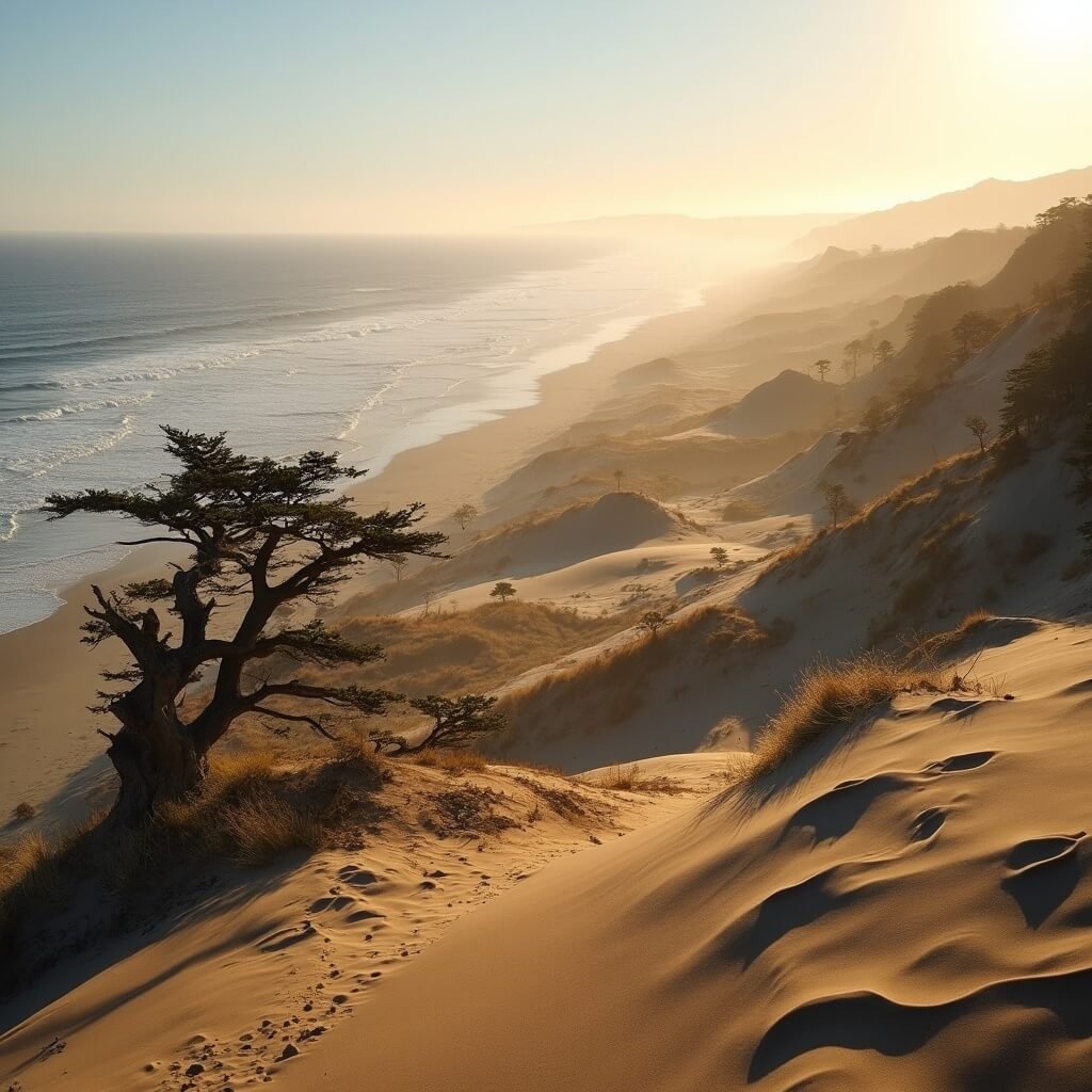 Massive sand dunes on Oregon's central coast under golden afternoon light, with shadows creating texture and depth, scattered ancient trees partially buried by sand, and distant ocean waves meeting sandy shores.