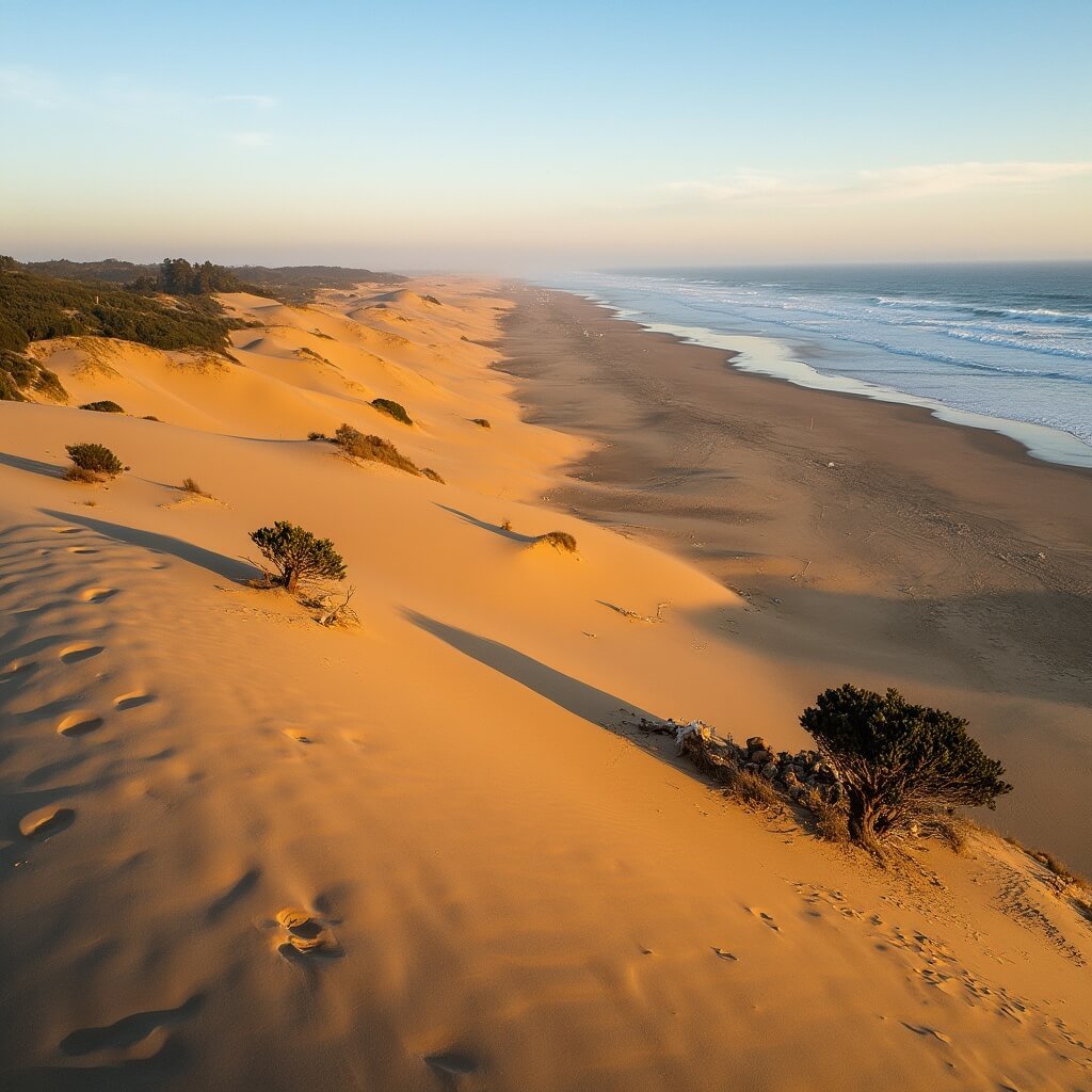Golden sand dunes of Oregon's central coast extending to the Pacific Ocean with weathered trees and ocean waves in the background at late afternoon.