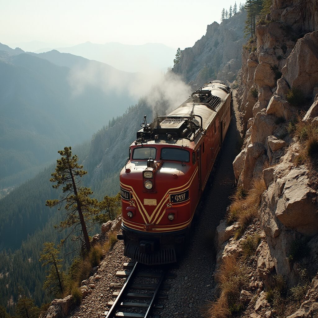 Pikes Peak Cog Railway train climbing steep Colorado mountainside during golden hour, with passengers visible through windows and distant peaks in background