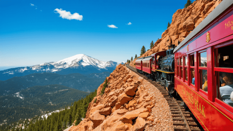"Vintage red and gold cog railway train ascending on steep mountain tracks at Pikes Peak, with passengers visible admiring panoramic mountain views, against a backdrop of a snow-capped summit, pine forests, and a brilliant blue Colorado sky."