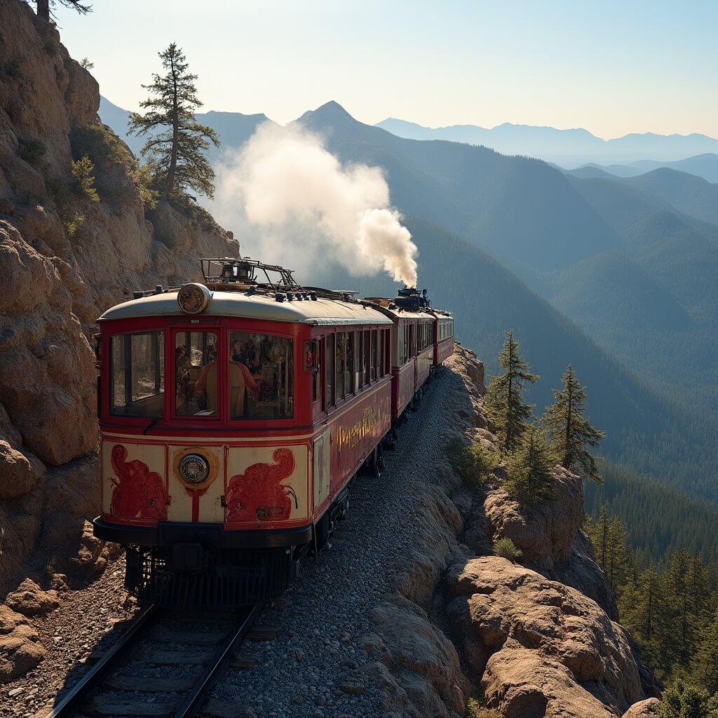 Vintage red and cream Pikes Peak Cog Railway train ascending steep Colorado mountain terrain during golden hour, with passengers visible through panoramic windows and distant peaks in the background