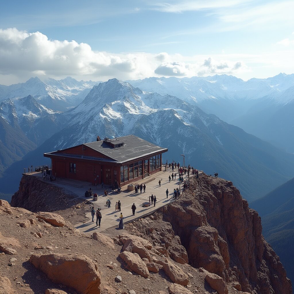 Visitors exploring the summit station and panoramic vista at Pikes Peak's 14,115-foot summit, with Colorado's Rocky Mountains, modern railway depot, and snow-capped distant peaks in the backdrop.