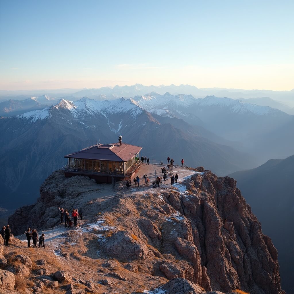 Visitors exploring the panoramic vista of Pikes Peak's summit station, modern railway depot, and rocky alpine environment with snow-capped mountains in the backdrop, late afternoon lighting illuminating the vast wilderness expanse