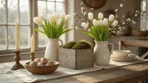 Rustic spring dining table with weathered wood, featuring white tulips and pussy willow in a wooden box, aged candlesticks, a ceramic pitcher, and speckled eggs, all bathed in warm golden hour light.