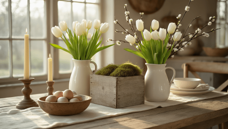 Rustic Spring Decor: How I Transform My Home Every Year Without Breaking the Bank Rustic spring dining table with weathered wood, featuring white tulips and pussy willow in a wooden box, aged candlesticks, a ceramic pitcher, and speckled eggs, all bathed in warm golden hour light.