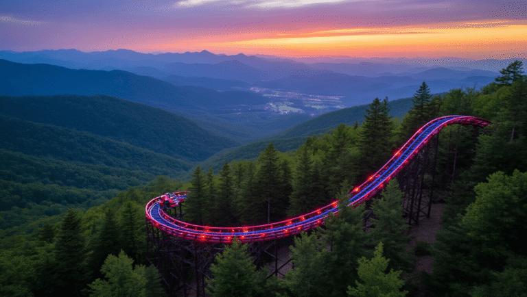 "Aerial view of an illuminated, colorful alpine coaster track winding through the Smoky Mountains with a coaster cart in view, and a Tennessee valley and sunset in the background"